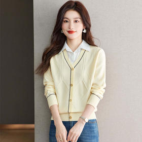 CC-66-5831假两件针织t恤女长袖2024秋季新款衬衫领撞色拼接薄款休闲上衣春