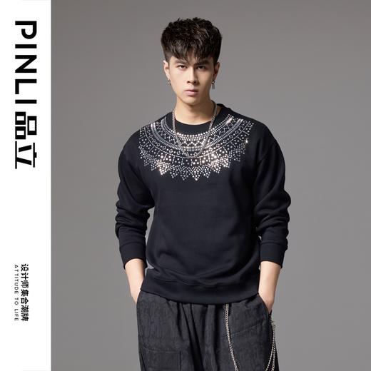 PINLI品立秋季新款男士圆领宽松金属烫片套头卫衣BG243109035 商品图4
