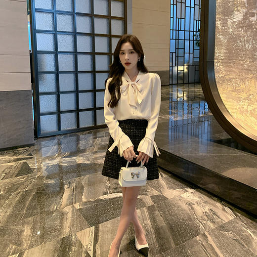 [奢姿轻奢系列]大码女装2024秋季胖妹妹绑带衬衫格纹半裙穿搭套装8943290164 商品图2