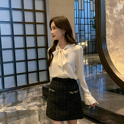 [奢姿轻奢系列]大码女装2024秋季胖妹妹绑带衬衫格纹半裙穿搭套装8943290164 商品图1