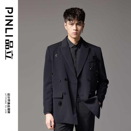 PINLI品立秋季新款新中式钉珠花休闲西服男士结婚小西装外套B243106034 商品图0