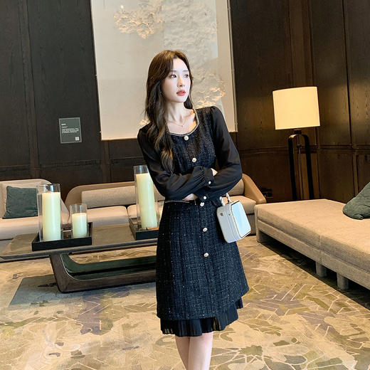 奢姿2024年秋季新款大码女装织带方领裙子胖妹妹气质拼接连衣裙9943890171 商品图1