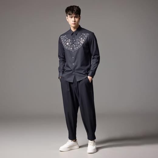 PINLI品立2024秋季新款烫钻尖领花卉金属烫片休闲长袖衬衫男衬衣BG243113041 商品图4