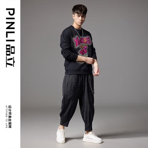 PINLI品立2024秋季新款重工烫钻休闲卫衣男士时尚宽松长袖上衣潮BG243109031 商品图2