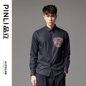 PINLI品立2024秋季新款炫彩烫钻长袖衬衫男修身休闲尖领潮牌衬衣BG243113042