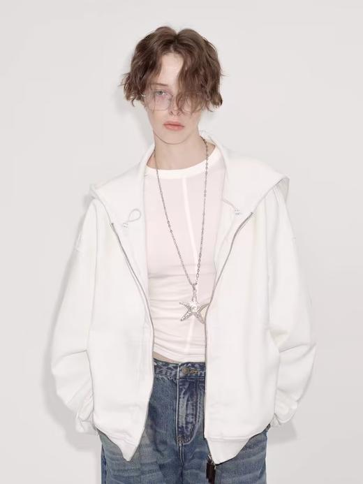 出逃赤岗西/24AWW107/白色连帽休闲弯刀袖抽褶拉链外套 商品图1