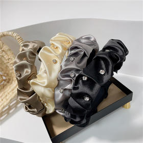 【皱褶设计，增添时尚感，水钻点缀，华美不失高贵】韩版头箍 ins风网红名媛发饰 压法洗脸简约头饰 水钻纯色发箍 皱褶-QQ