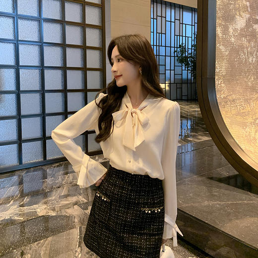 [奢姿轻奢系列]大码女装2024秋季胖妹妹绑带衬衫格纹半裙穿搭套装8943290164 商品图0