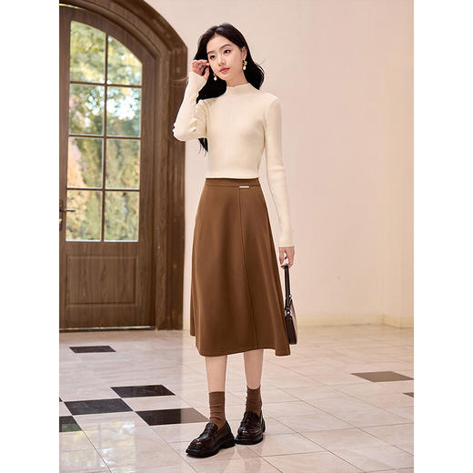 【年终特卖】熙世界赫本风棕色毛呢半身裙秋冬新款气质通勤磨毛中长a字伞裙 商品图4