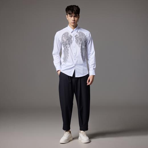 PINLI品立2024秋季新款翅膀烫钻修身衬衫男士商务休闲长袖衬衣潮BG243113045 商品图2
