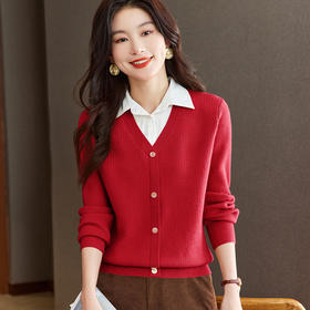 CC-66-5828针织拼接长袖衬衫女春秋季2024新款时尚洋气上衣假两件打底衫毛衣