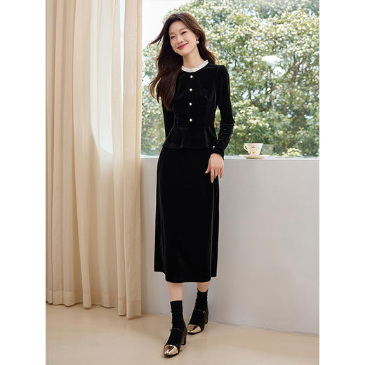 【年终特卖】熙世界黑丝绒半身裙女秋冬2025新款高腰开叉a字直筒包臀长裙子 商品图2