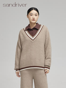 sandriver青海羊绒手钩相拼女士V领套头衫