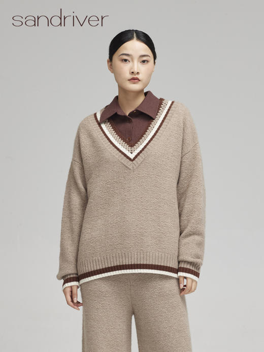 青海羊绒手钩相拼女士V领套头衫SJF96W279N 商品图0