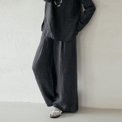 绽放646-647朵/早秋中性风重磅色织亚麻松紧腰叠褶小衫长裤套装 商品图3