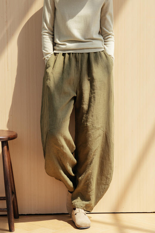 * 绽放旅行女装615朵/秋冬亚麻松紧腰香蕉裤军绿色微阔感休闲裤 商品图5