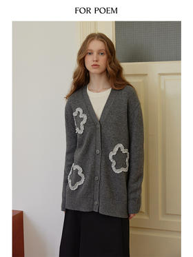 ForPoem 现货 24/FW原创设计缩褶花朵羊毛针织开衫