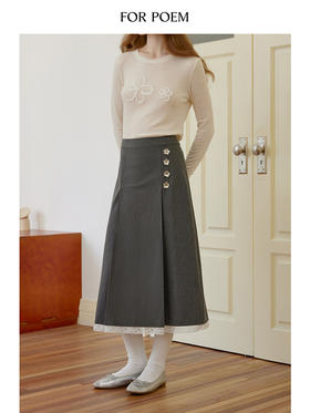 ForPoem 现货 24/FW原创设计花朵装饰直筒蕾丝拼接半身裙