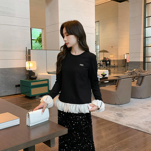 奢姿大码女装2025秋季减龄字母钻饰针织衫胖妹妹时尚拼接简约上衣9943160266 商品图1