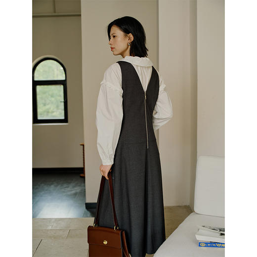 HeyDress背带连衣裙女秋季V领灰色简约优雅设计感气质马甲裙子 商品图2