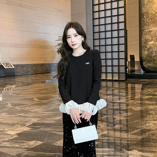 奢姿大码女装2025秋季减龄字母钻饰针织衫胖妹妹时尚拼接简约上衣9943160266 商品图4