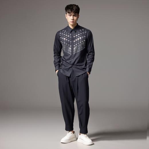 PINLI品立2024秋季新款男士商务休闲长袖衬衫太阳花烫片黑色衬衣BG243113043 商品图1