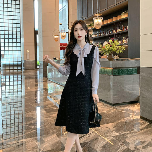奢姿大码女装2024秋季减龄蝴蝶结绑带裙子胖妹妹假两件拼接连衣裙9943826599 商品图4