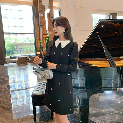 奢姿2025年秋季新款大码女装拼接花边翻领裙子胖妹妹钉珠连衣裙9943826558 商品图1