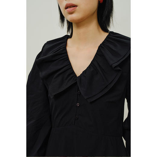 HeyDress法式花边领连衣裙女秋季复古黑色收腰气质设计感长袖裙子 商品图2