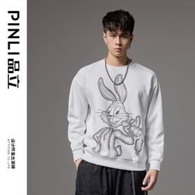 PINLI品立2024秋季新款男士落肩袖圆领宽松兔八哥烫钻套头卫衣潮BG243109025