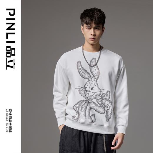 PINLI品立2024秋季新款男士落肩袖圆领宽松兔八哥烫钻套头卫衣潮BG243109025 商品图0