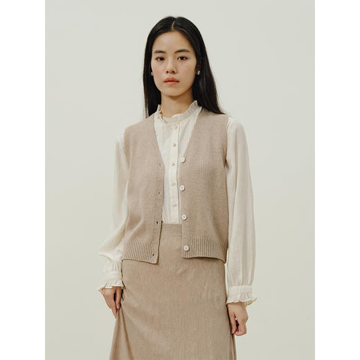 HeyDress针织马甲女秋季v领叠穿卡其色a字气质百搭半身裙时髦套装 商品图0