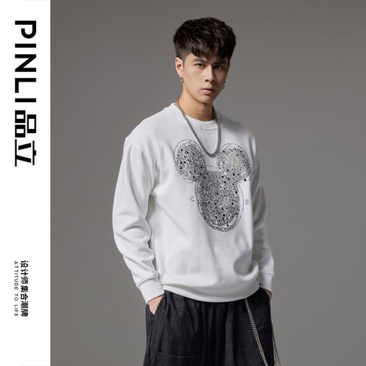 PINLI品立秋季新款男士宽松圆领落肩卡通烫钻套头卫衣上衣潮BG243109026 商品图3
