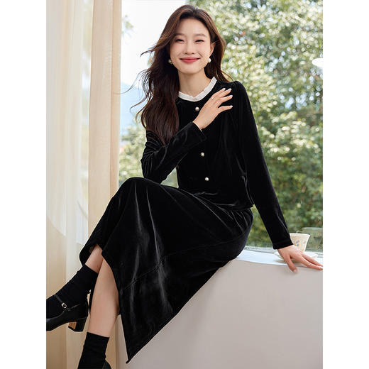 【1件78折】熙世界撞色木耳边金丝绒衬衫2025秋冬新款法式洋气黑色打底上衣 商品图4