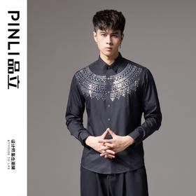 PINLI品立秋季新款修身长袖衬衫潮牌男几何设计休闲黑色衬衣BG243113044