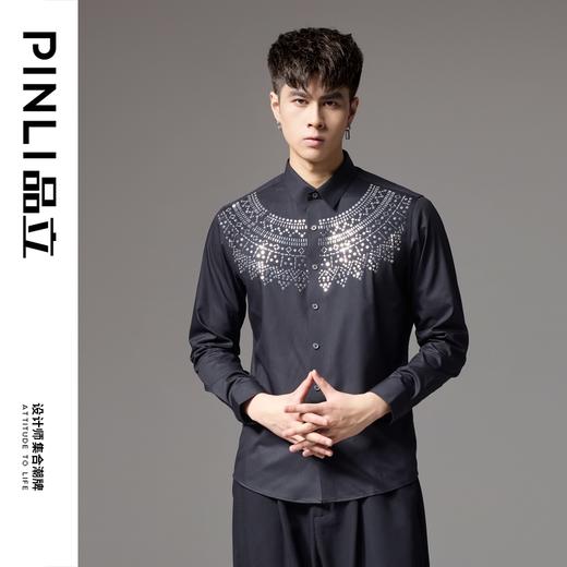 PINLI品立秋季新款修身长袖衬衫潮牌男几何设计休闲黑色衬衣BG243113044 商品图0