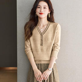 CC-66-5838   V领长袖t恤女2024春秋新款宽松时尚针织衫法式上衣洋气漂亮打底衫