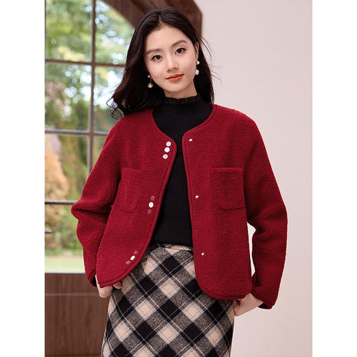 【年终特卖】熙世界皮毛一体仿羊羔毛麂皮绒短款外套女秋冬保暖红色夹克上衣 商品图3