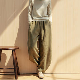* 绽放旅行女装615朵/秋冬亚麻松紧腰香蕉裤军绿色微阔感休闲裤