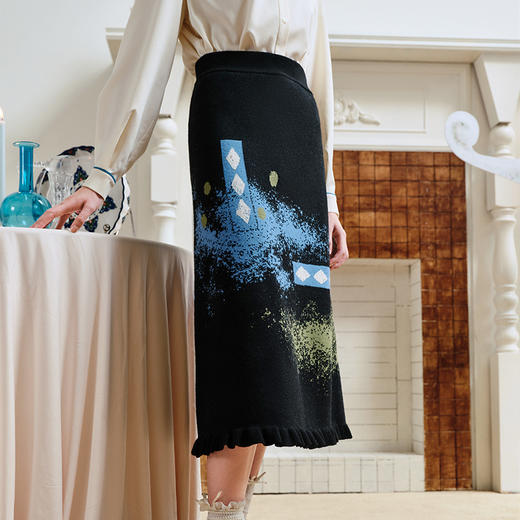 两三事失序派对2024秋季新款复古荷叶边裙摆花色亮点毛织半身裙 商品图2