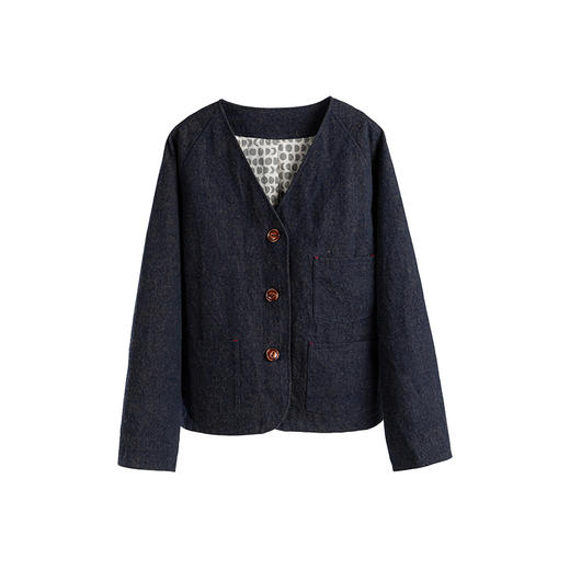 绽放旅行女装745朵/早秋色织亚麻棉复古袖口开叉牛仔V领短外套 商品图4