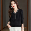 CC-66-5838   V领长袖t恤女2024春秋新款宽松时尚针织衫法式上衣洋气漂亮打底衫 商品缩略图1