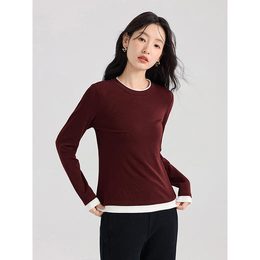 【专属特价】熙世界酒红色假两件T恤女长袖2025秋冬通勤内搭肌理针织打底衫 商品图2