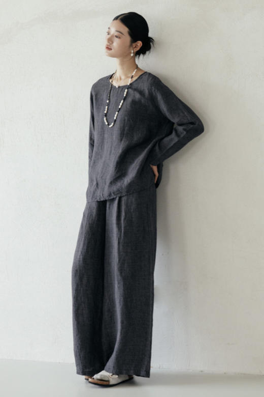 绽放646-647朵/早秋中性风重磅色织亚麻松紧腰叠褶小衫长裤套装 商品图5