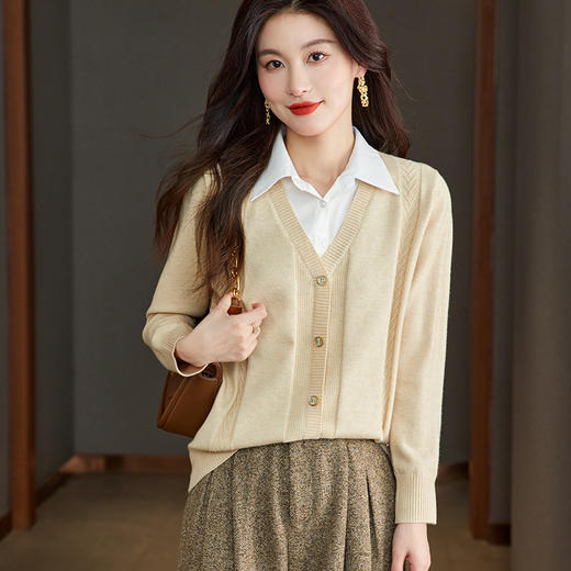 CC-66-5826假两件长袖衬衫女秋季2024新款遮肚子别致针织上衣叠穿毛衣打底衫 商品图3