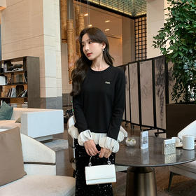 奢姿大码女装2025秋季减龄字母钻饰针织衫胖妹妹时尚拼接简约上衣9943160266