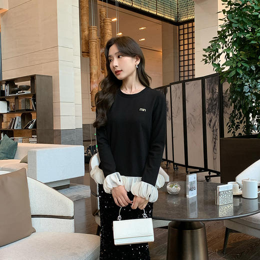 奢姿大码女装2025秋季减龄字母钻饰针织衫胖妹妹时尚拼接简约上衣9943160266 商品图0