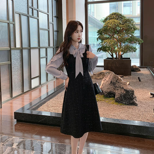 奢姿大码女装2024秋季减龄蝴蝶结绑带裙子胖妹妹假两件拼接连衣裙9943826599 商品图1
