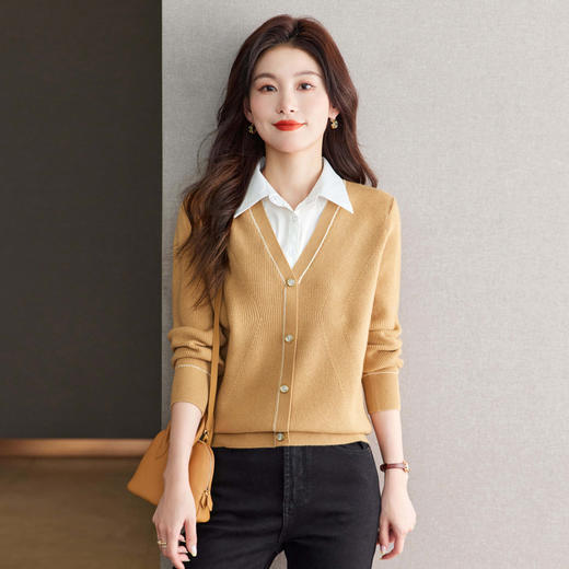 CC-66-5837秋季新款假两件针织衫女洋气遮肚子套头拼接翻领上衣衬衫领 商品图1