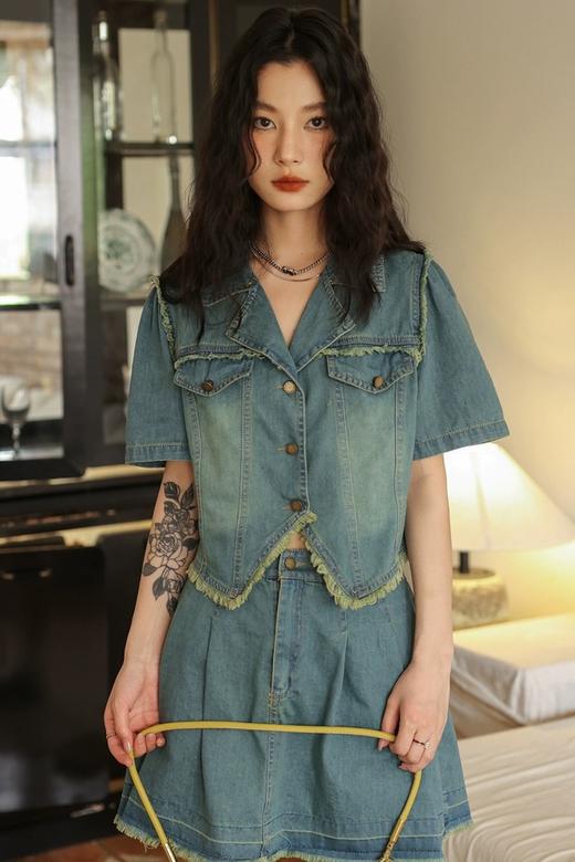 WHO KNOWS 复古毛边牛仔上衣半裙套装 18605 商品图1